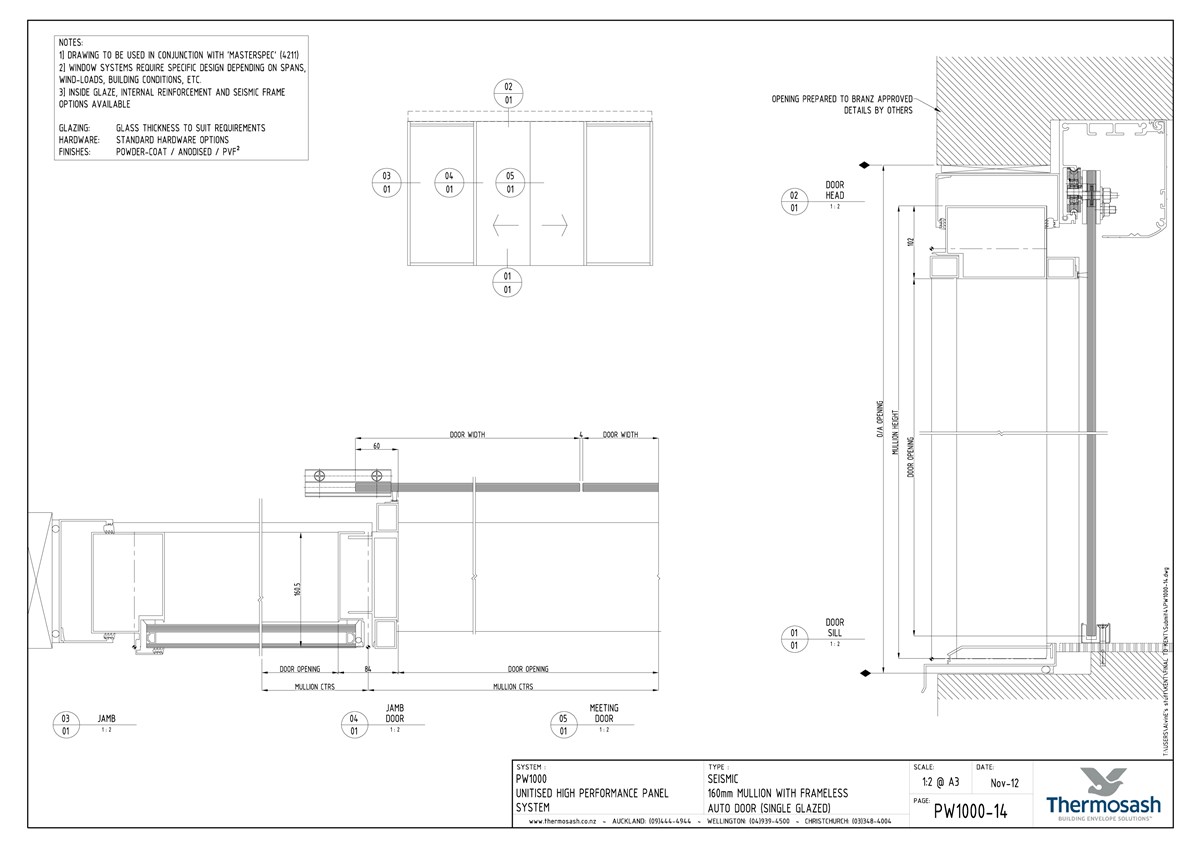 CAD Download - Frameless Single Glazed Auto Door - PW1000 Seismic 160mm Mullion